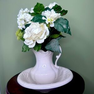 Decorative White Pitcher and Bowl with Artificial Flowers